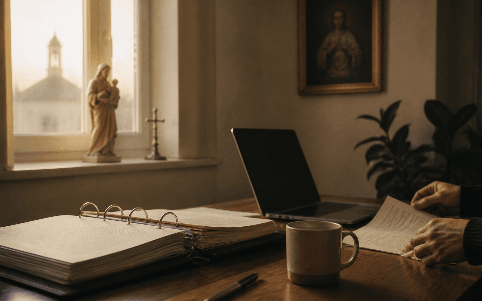 A parish office desk with an open binder, laptop, and morning light